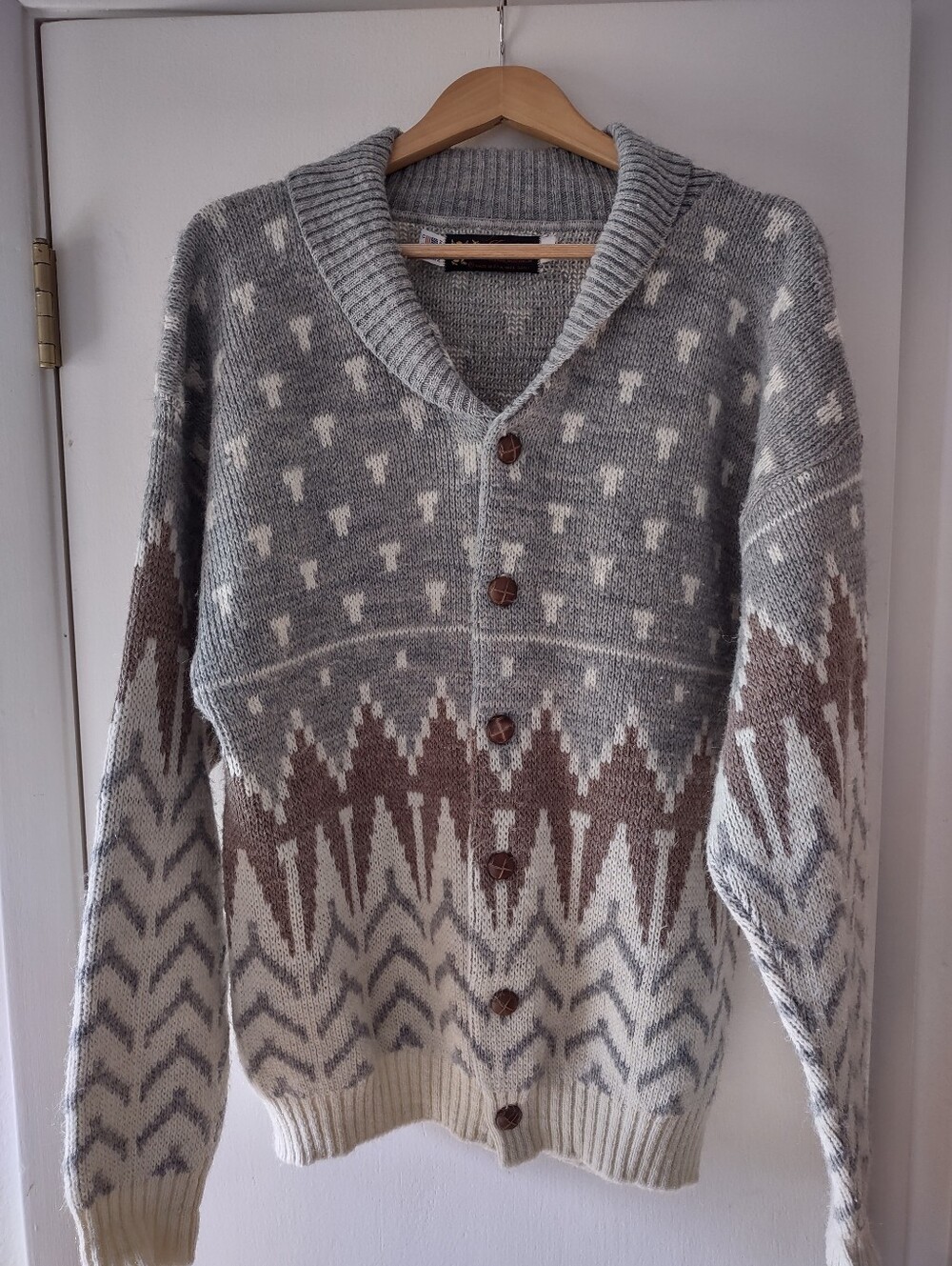 Vintage Unisex Fair Isle Shawl Collar Cardigan Sweater Gray Cream Made in USA